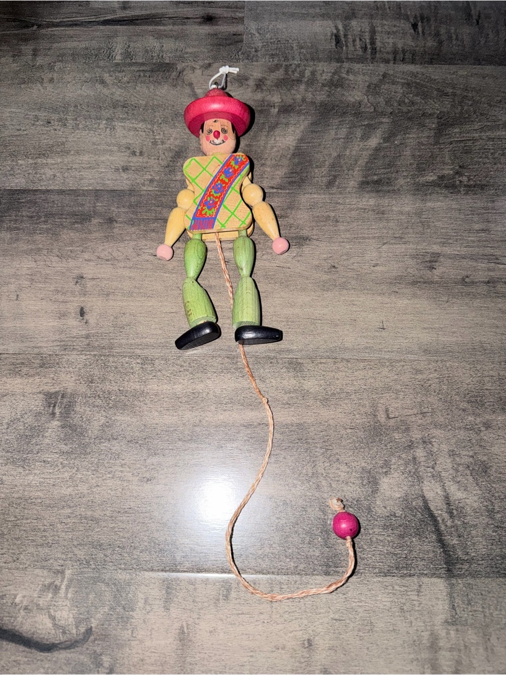 Vintage Wooden Pull-String Marionette Puppet Toy - Pink Hat, Green Legs